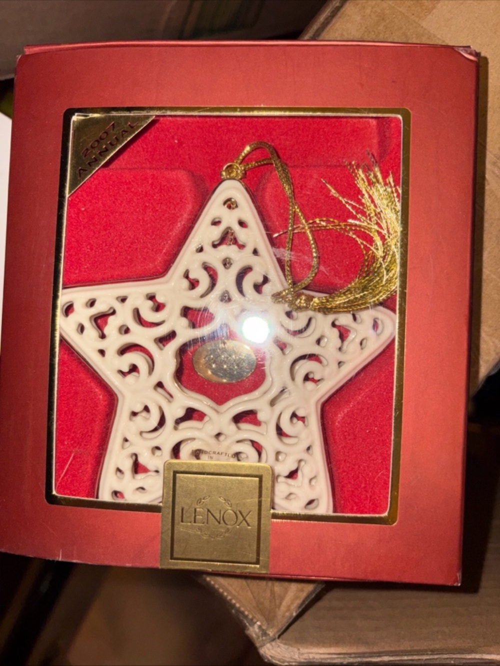 Lenox White Ceramic Filigree Star Ornament with Gold Cord